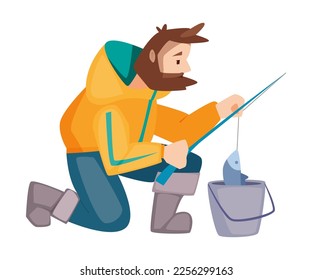 Bearded Fisherman Capturing Fish with Rod and Bucket Vector Illustration