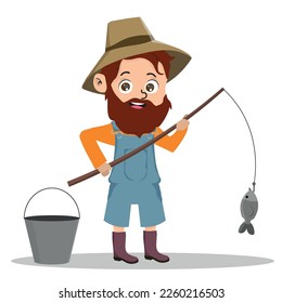 Bearded Fisherman Capturing Fish with Rod and Bucket Vector Illustration.