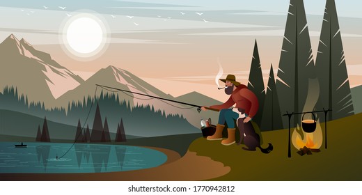 A bearded fisherman with a dog catches fish on a mountain lake. Scenes of summer at national park. Flat graphic vector illustration.