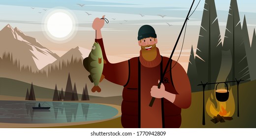 Bearded fisherman with fishing rod shows a caught perch. Summer scenes  on a mountain lake. Flat graphic vector illustration.