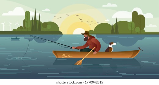 A bearded fisherman in a hat and a dog in a boat are fishing with a fishing rod. Summer scenes on the lake. Flat graphic vector illustration.