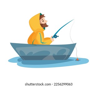 Bearded Fisherman on Board of Boat Capturing Fish with Rod Vector Illustration