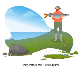 Bearded fisherman standing near lake and poses with caught big fish. Man with green wearing hat and waders hold in hand fish and showing. River fishing weekend hobby. Vector illustration in flat style