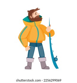 Bearded Fisherman Standing with Rod Engaged in Capturing Fish Vector Illustration