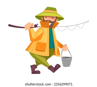Bearded Fisherman Walking with Rod and Bucket Engaged in Capturing Fish Vector Illustration