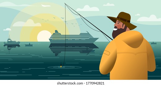 A bearded fisherman in a yellow jacket with a float fishing rod catches sea fish. Flat graphic vector illustration. svg