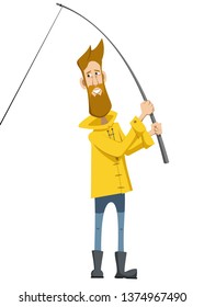 bearded fisherman in a yellow storm pulls out fish