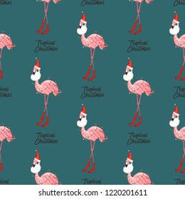 Bearded flamingo tropical Santa Claus on Christmas pattern. Hand drawn pink flamingo and greeting text on seamless backdrop.