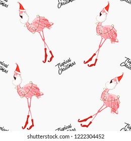 Bearded flamingo tropical Santa Claus on Christmas pattern. Hand drawn pink flamingo and greeting text on seamless backdrop.