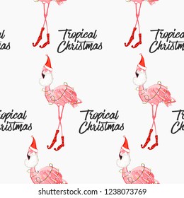 Bearded flamingo tropical Santa Claus on Christmas pattern. Hand drawn pink flamingo and greeting text on seamless backdrop.