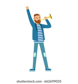 Bearded football fan character in blue standing and holding vuvuzela vector Illustration