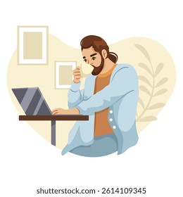 Bearded freelancer using laptop and drinking coffee at cafe table, flat art style, cozy indoor background, concept of remote work lifestyle. Vector illustration