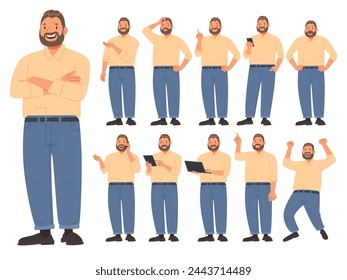 Bearded friendly stocky man in various activities on a white background. The guy uses gadgets, thinks, is surprised, and rejoices. Vector illustration in flat style