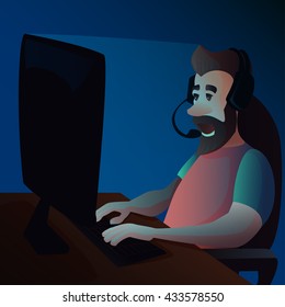 Bearded gamer in the dark.Cartoon style character. Vector illustration.