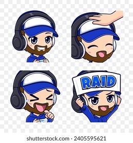 Bearded gamer mascot logo sticker and badge set graphic for streamer
