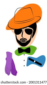 Bearded gangster or gentleman or detective or inspector in hat and glasses with bow tie, cigar and gloves. Colored clipart 