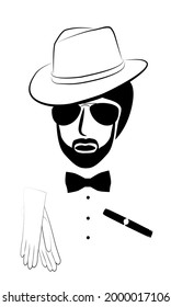 Bearded gangster or gentleman in hat and glasses with bow tie, cigar and gloves. Black and white clipart 