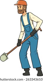 A bearded gardener in overalls and a cap, holding a shovel, depicting outdoor work, landscaping, or agricultural tasks. Ideal for designs related to gardening, farming, and home improvement.