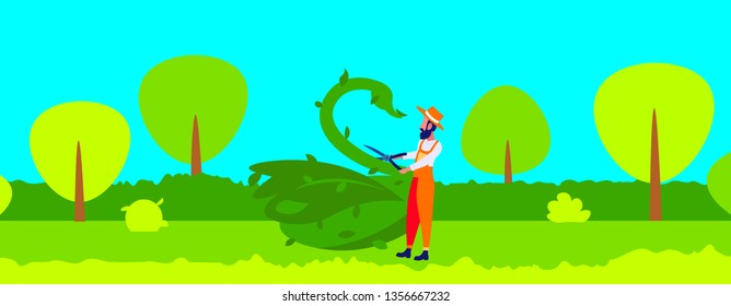 bearded gardener trimming plants in form of big swan sculpture topiary gardens concept animal created from bushes modern garden cityscape flat horizontal full length
