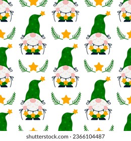 Bearded gnome with Christmas tree branches, seamless vector pattern. A gray-haired elf holds a garland with stars. Santa Claus helper in a stocking cap, green clothes. Flat cartoon background for web