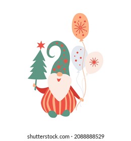 Bearded gnome with a Christmas tree in his hands and balloons. Colored flat vector illustration of fairytale character isolated on white background.Seasonal greetings design template, for Merry Christ