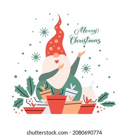 Bearded gnome with gift boxes and lettering. Colored fla vector illustration of fairytale character isolated on white background. Seasonal greetings design template, for Merry Christmas and Happy New