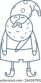 A bearded gnome with a tall hat and curled shoes in a playful line art style. The character has a jolly expression and stands with hands at sides. Cartoon vector illustration.