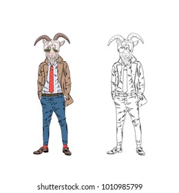 bearded goat man dressed up in trench coat, anthropomorphic animal illustration