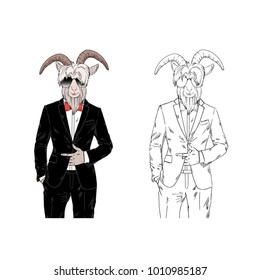 bearded goat man dressed up in tuxedo, anthropomorphic animal illustration