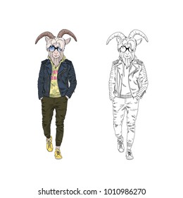 bearded goat man hipster dressed up in modern urban style, anthropomorphic animal illustration