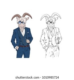 bearded goat man wearing dressy suit, anthropomorphic animal illustration