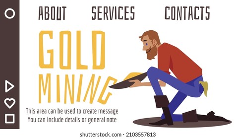 Bearded gold digger searches for gold using pan, western prospector looking for nugget or sand. Banner with gold mine in wild west in flat vector illustration isolated on white background