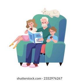 El abuelo con barba se sienta en un gran sillón con niños y lee cuentos de hadas estilo plano, ilustración vectorial aislada en fondo blanco. Esparcimiento familiar, caracteres emocionales, elemento de diseño