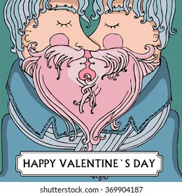 Bearded gray-haired men in love. Valentine`s postcard for gays in vector