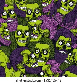 Bearded green zombie skull with eyeball,  seamless pattern. Male skull with a pink, purple stylish haircut, beard and mustache. Picture for Halloween.