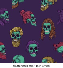 Bearded green zombie skulls, seamless pattern. Male skull with a stylish red, ginger haircut, beard and mustache. Picture for Halloween.