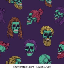 Bearded green zombie skulls, seamless pattern. Male skull with a stylish red, ginger haircut, beard and mustache. Picture for Halloween.