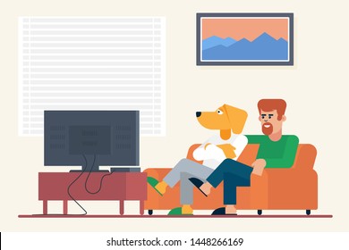 Bearded guy with antropomorphic dog buddy sitting on sofa and watching movie on TV at home vector illustration.