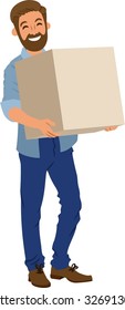 a bearded guy with a cardboard box in his hands