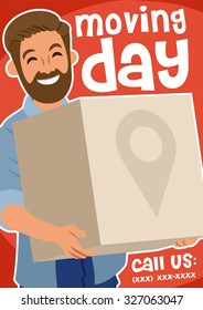 bearded guy holding a cardboard box moving day poster