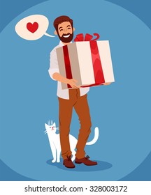 bearded guy holding a gift box and talks about love