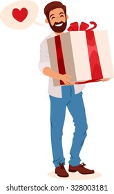 bearded guy holding a huge gift box