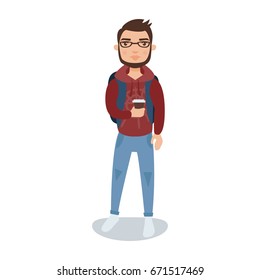 Bearded guy in a hoodie standing with a cup of coffee in his hands cartoon character vector Illustration