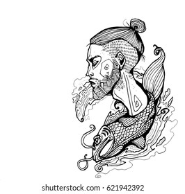 Bearded guy with manbun and fish vector graphics