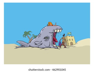 A bearded guy with a shopping bag walking on the sand with a girl in a bikini on a whale. Vector illustration