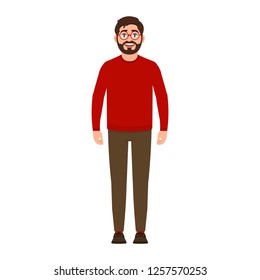 Bearded guy smiles, happy man in red sweater, good mood, character in flat style vector illustration