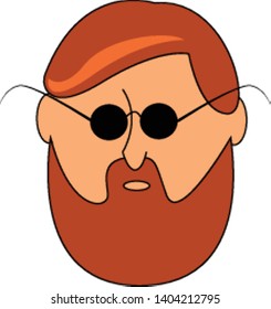 Ein bärtiger Typ mit Sonnenbrille, mit Schnurrbart, braunem Haar, wütender Gesichtsausdruck, Vektorgrafik, Farbzeichnung oder Illustration. 