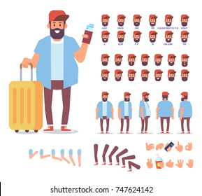 Bearded guy with tickets and luggage. Traveler man. Front, side, back, 3/4 view animated character. Separate parts of body. Cartoon style, flat vector illustration.