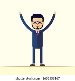 Bearded guy and wearing eye glasses character raise both hands. Flat design. Illustration of success.