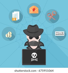 A bearded hacker in a raincoat wearing dark glasses and a hat behind a computer with a skull with crossbones. Cyber Attack. Documents, letter, keys, password Vector icons in a flat style